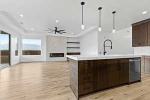Kitchen featuring dark brown cabinetry, light wood finished floors, recessed lighting, hanging light fixtures, and a tray ceiling