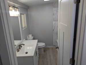 Full bath with vanity and light wood finished floors