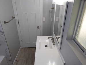 Full bathroom featuring light wood-style floors and vanity