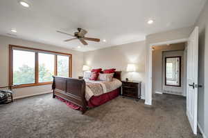 Bedroom featuring multiple windows, carpet flooring, ceiling fan, and recessed lighting