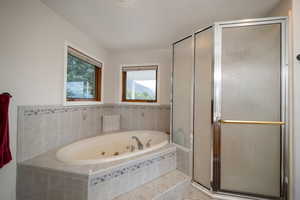 Full bathroom featuring a shower stall, a whirlpool tub, and radiator