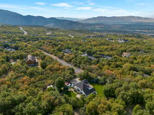 Bird's eye view of a mountain backdrop and a heavily wooded area