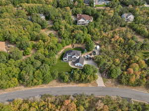Aerial overview of property's location featuring a tree filled landscape