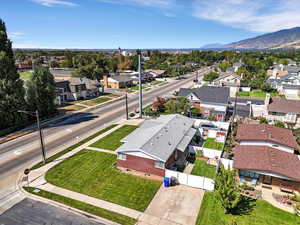 Aerial perspective of suburban area with mountains