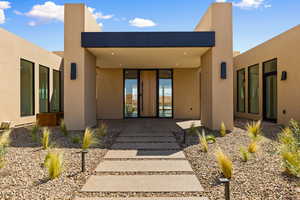 Large Covered Foyer with Casita on Right and Fountain on Left