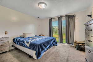 Carpeted bedroom featuring a textured ceiling and a mountain view