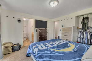Bedroom with a closet, light colored carpet, and a textured ceiling