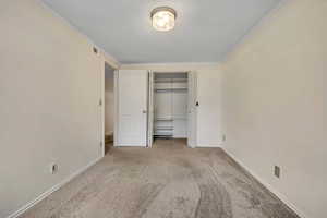 Unfurnished bedroom with crown molding, carpet, and a closet