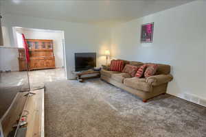 Living room with light carpet