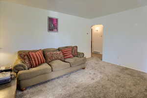 Living area featuring arched walkways and carpet
