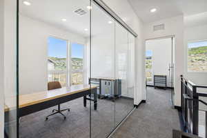 Office space featuring plenty of natural light, dark carpet, and recessed lighting