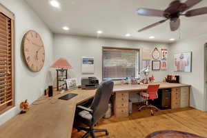 Home office featuring a ceiling fan, light wood-type flooring, and recessed lighting