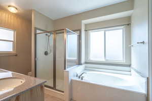 Full bathroom featuring vanity, a bath, a shower stall, and healthy amount of natural light