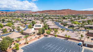 Aerial view of residential area with mountains