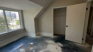 Additional living space with a textured ceiling, hardwood / wood-style floors, and vaulted ceiling