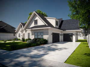 Modern farmhouse with a garage, roof with shingles, driveway, and stone siding