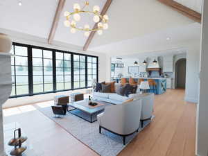 Living room with beam ceiling, light wood finished floors, recessed lighting, arched walkways, and high vaulted ceiling