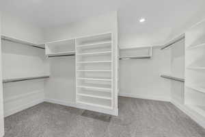 Spacious closet with light carpet