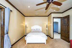 Bedroom featuring ornamental molding, light carpet, and a ceiling fan