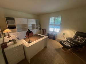 Office area featuring light carpet and baseboards