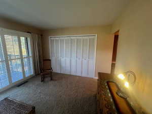 Unfurnished bedroom featuring carpet floors and a closet