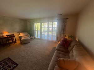 Living area with carpet floors