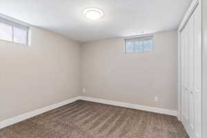 Basement featuring carpet floors, plenty of natural light, and a textured ceiling