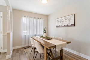 Dining area featuring light wood finished floors