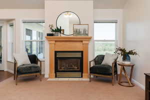 Sitting room with a fireplace with flush hearth and carpet floors
