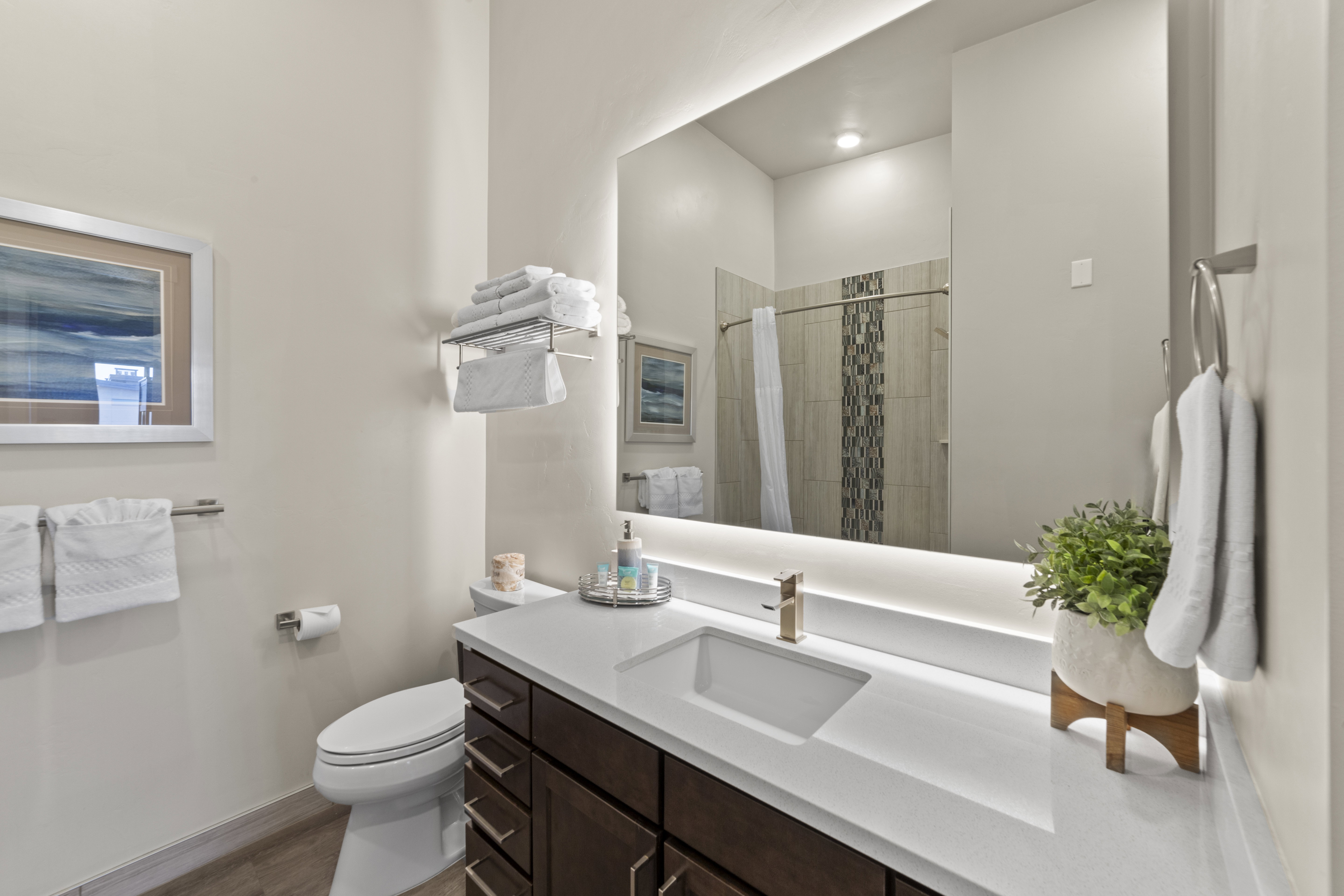 Bathroom featuring vanity, a shower stall, and dark wood-type flooring