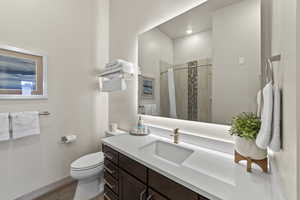 Bathroom featuring vanity, a shower stall, and dark wood-type flooring