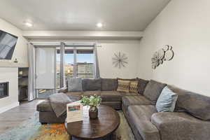 Living area featuring wood finished floors and a glass covered fireplace