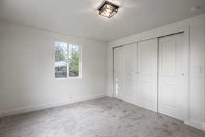 Unfurnished bedroom featuring a closet, carpet, and a textured ceiling