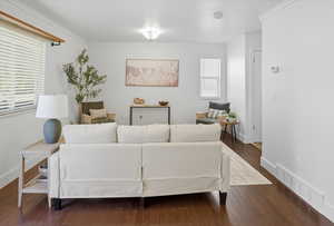 Living area featuring dark wood-type flooring and crown molding