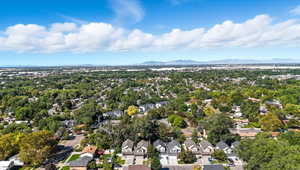 Aerial perspective of suburban area featuring mountains