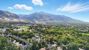 Aerial perspective of suburban area featuring mountains