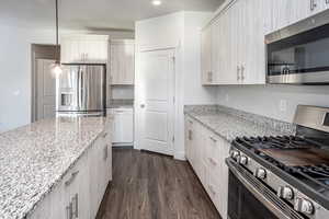 Kitchen with stainless steel appliances, light stone countertops, hanging light fixtures, dark wood-type flooring, and recessed lighting
