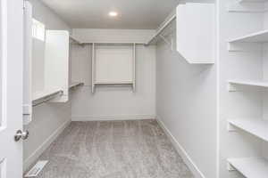 Walk in closet featuring light carpet