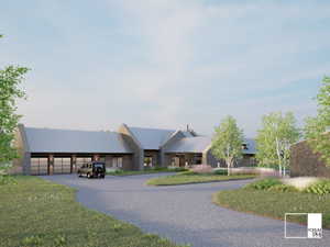 Stone and wood-finish exterior with multiple gabled metal roofs