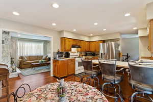 Kitchen with view of formal living room and access to hall