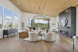 Living room with light wood finished floors, a fireplace, wooden ceiling, healthy amount of natural light, and a chandelier