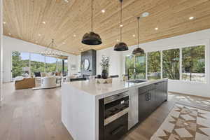 Kitchen featuring wooden ceiling, hanging light fixtures, light wood-style floors, a kitchen island with sink, and open floor plan