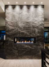 Detailed view of a glass covered fireplace, wood finished floors, and recessed lighting