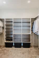 Walk in closet featuring light carpet