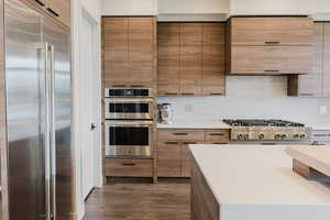 Kitchen with stainless steel appliances, exhaust hood, modern cabinets, and dark wood-style floors