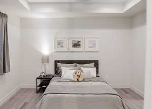 Bedroom featuring light wood-style floors and a tray ceiling