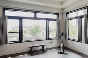 Workout area featuring wood finished floors and baseboards