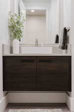 Bathroom featuring wood finished floors and vanity