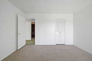 Unfurnished bedroom featuring carpet floors and a closet
