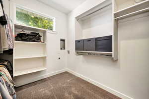 Spacious closet with dark colored carpet